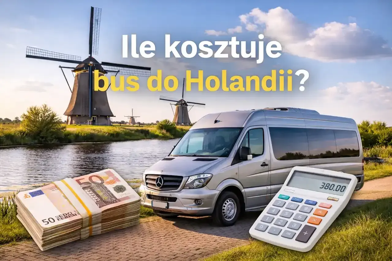 Ile kosztuje bus do Holandii? Taka kwota na kalkulatorze i stos banknotów sugerują, że podróż może być opłacalna.