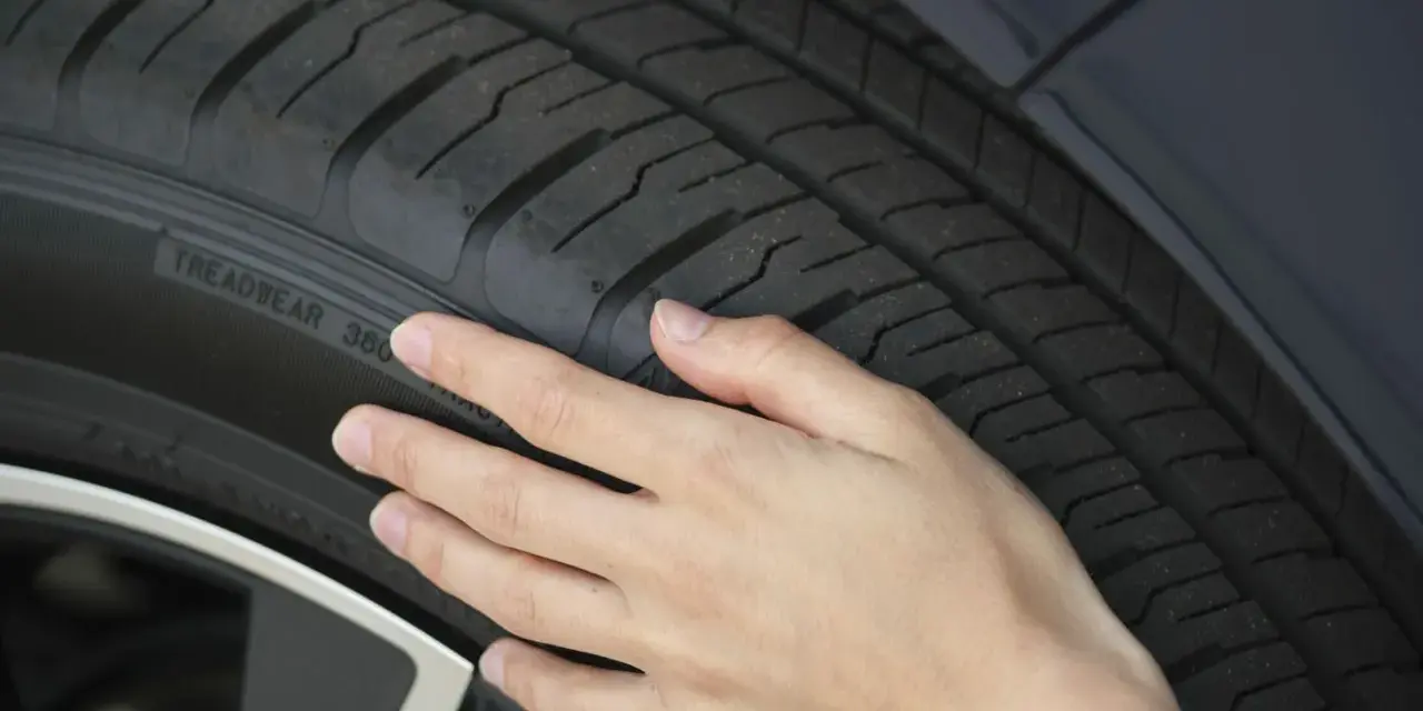 Dłoń dotyka bieżnika opony, na którym widoczny jest napis TREADWEAR.
