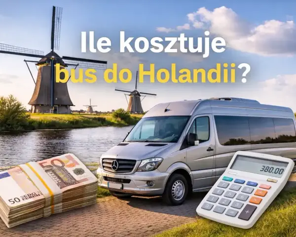 Ile kosztuje bus do Holandii? Taka kwota na kalkulatorze i stos banknotów sugerują, że podróż może być opłacalna.