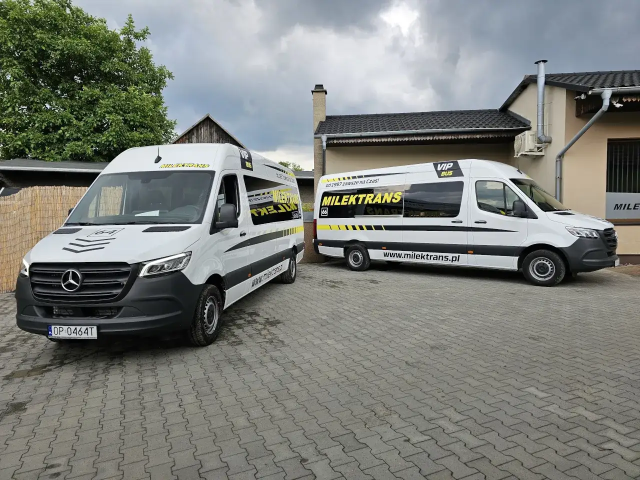 Dwa białe busy Milektrans stoją na kostce brukowej. Chcesz wiedzieć, ile kosztuje bus do Holandii? Sprawdź na milektrans.pl.